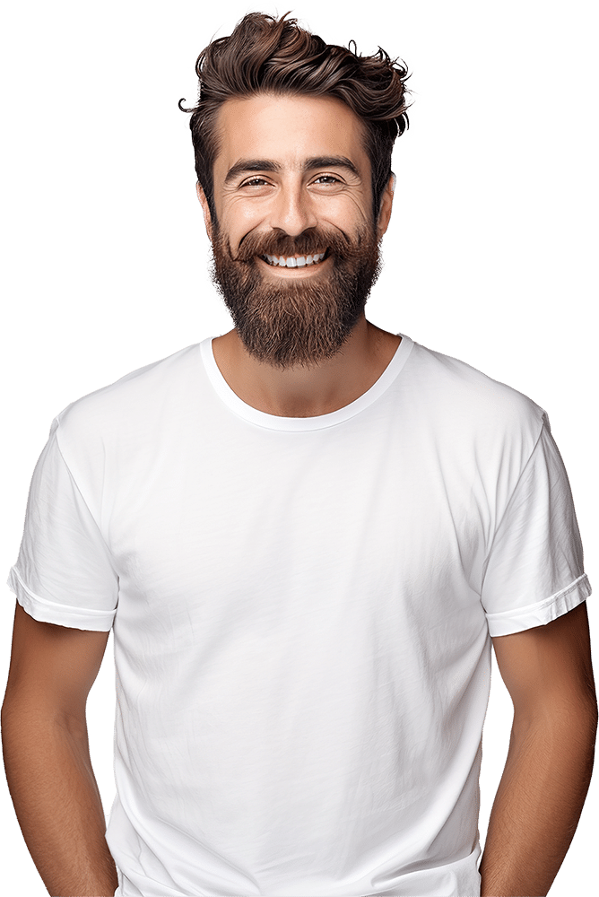 A smiling bearded man with wavy hair wearing a plain white T-shirt poses against a transparent background. He has a relaxed, cheerful expression.