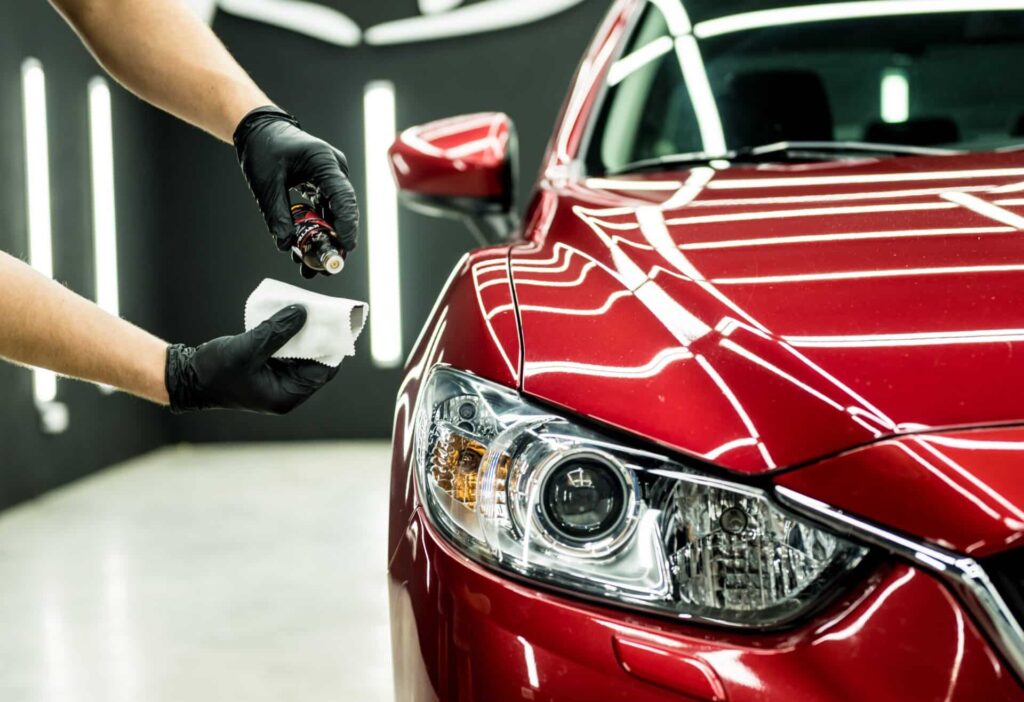 A person wearing black gloves applies a detailing product to a red car's hood. The shiny surface reflects bright lights, highlighting the car's sleek design.