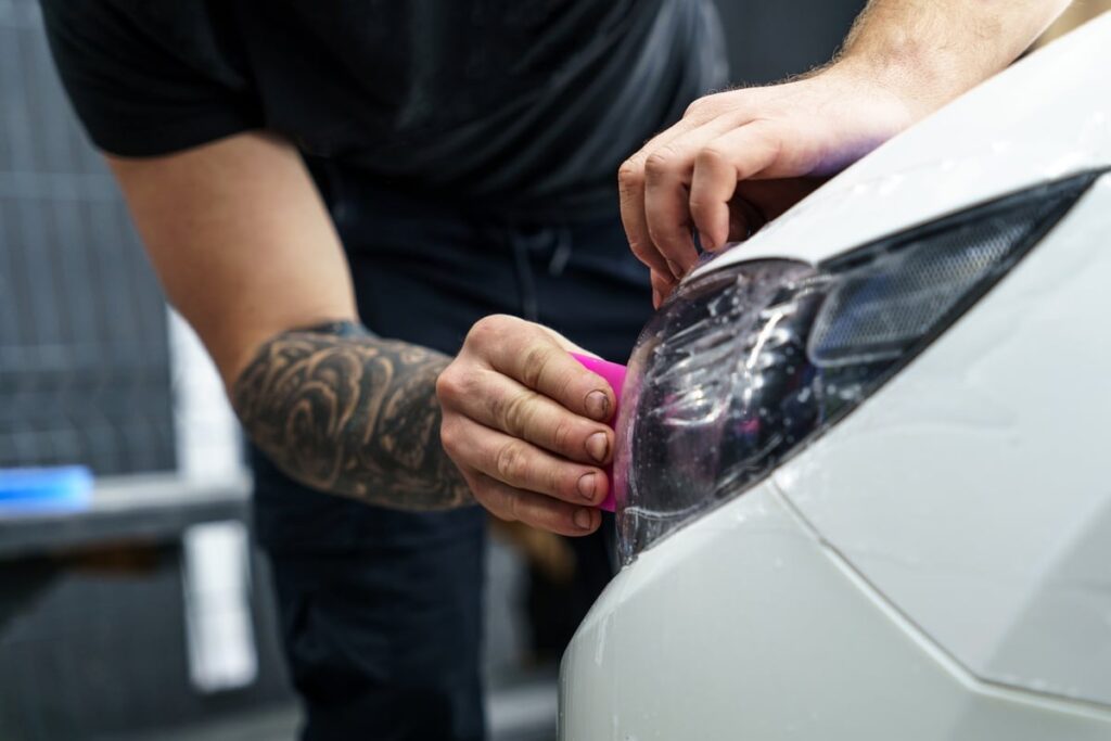 A person with a tattooed arm applies a protective film to a white car's headlight, using a pink tool. The work is being done indoors, and the person's focused hands suggest careful attention to detail.